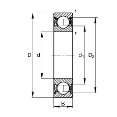 深沟球轴承 6300-2Z, 根据 DIN 625-1 标准的主要尺寸, 两侧间隙密封