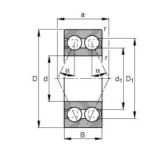 角接触球轴承 3816-B-TVH, 双列，接触角 α = 25°